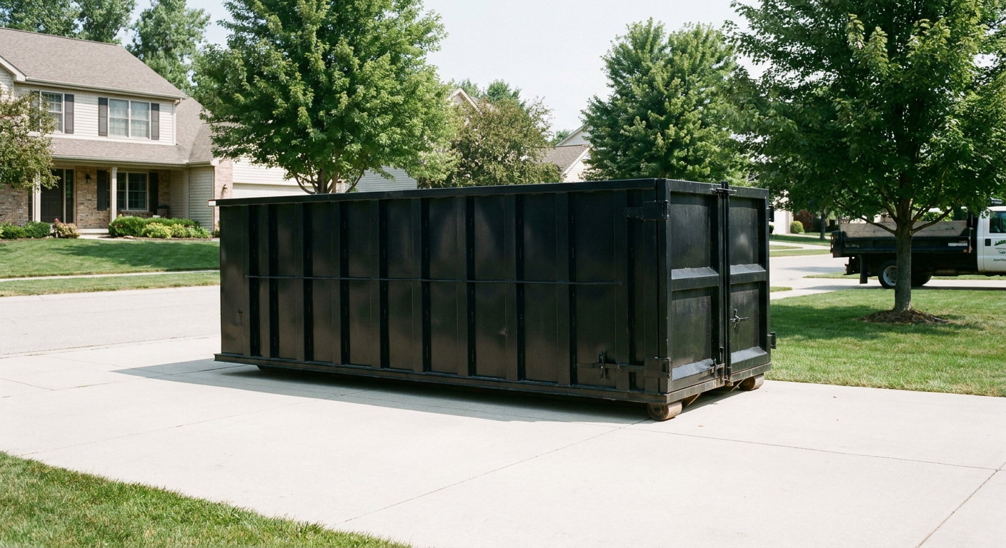 Matte-black 20-yard roll-off dumpster sitting level on a clean Pasadena residential concrete driveway under bright daylight, demonstrating clean placement directly on the concrete.